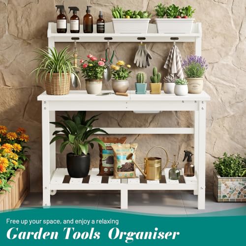 PLUUV Potting Bench with Removeable Sink, Garden Potting Table, White - color: White