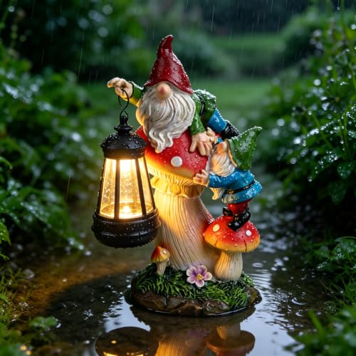 Solar Gnome Garden Statue with Mushroom Lights for Outdoor, Waterproof Garden Gnomes Decor for Yard Lawn Balcony, Cute Gnome Figurine Lights for Patio Decor, Ideal Gift for Garden Lovers & Homeowners - color: 001- Gnome