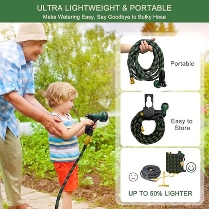 Garden Hose 100 ft, Non-Expandable Flexible Water Hose with 10 Function Spray Nozzle, Lightweight, Leak Proof, Kink-Free, Portable Hose for Outdoor, Yard, Lawn, High-Density Fabric, Black Green