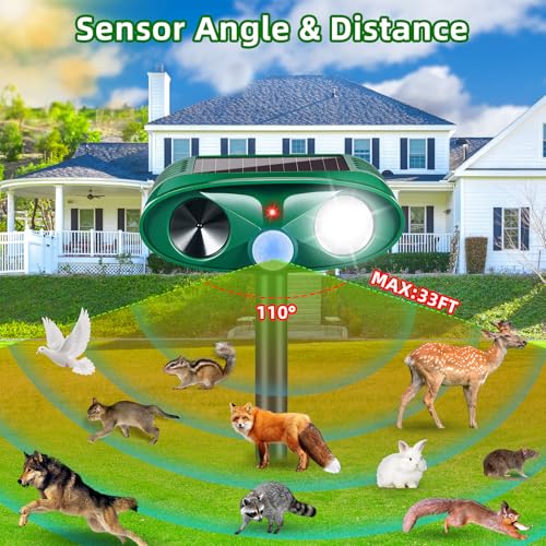 2 Pack Solar Ultrasonic Animal Repeller with USB-C Fast Charge, Double-Sealed IP65 Waterproof Deterrent for Garden, Motion Sensor Deer Cat Dog Skunk Rabbit Raccoon Squirrel Repellent
