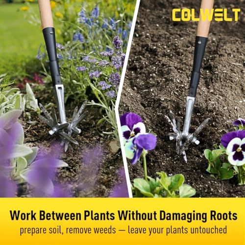 Colwelt Manual Rotary Cultivator, Single-Tine Aluminum Cultivators for Gardening, Garden Hand Tiller Manual with Ergo Wooden t-Handle, Hand Held Cultivator Tool For Flower Beds Cultivate, Aerate, Weed
