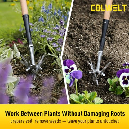 Colwelt Manual Rotary Cultivator, Single-Tine Aluminum Cultivators for Gardening, Garden Hand Tiller Manual with Ergo Wooden t-Handle, Hand Held Cultivator Tool For Flower Beds Cultivate, Aerate, Weed