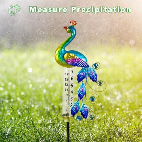 Peacock Rain Gauge Outdoor 36.6" Solar Powered Rain Gauges - color: Green Peacock