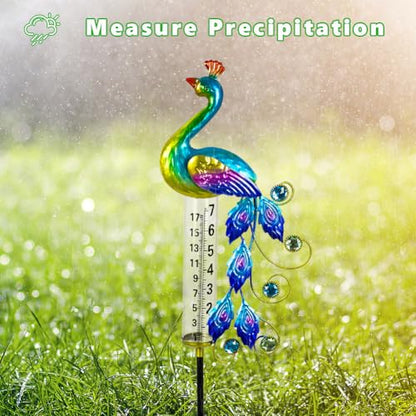 Peacock Rain Gauge Outdoor 36.6" Solar Powered Rain Gauges - color: Green Peacock