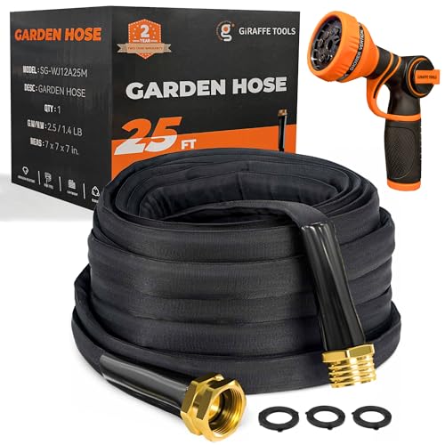 Giraffe Tools Garden Hose 25FT Lightweight Lay Flat Water Hose Kink Free Flexible Hose with 9 Spray Function Nozzle（Black） - size: 25FT