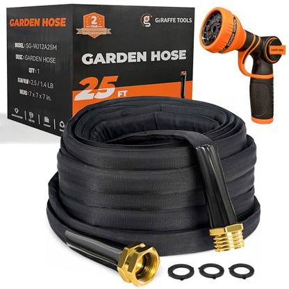 Giraffe Tools Garden Hose 25FT Lightweight Lay Flat Water Hose Kink Free Flexible Hose with 9 Spray Function Nozzle（Black） - size: 25FT