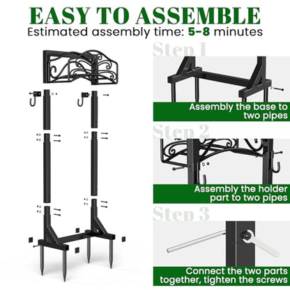 Sunvigor Freestanding Garden Hose Holder Stand, Heavy Duty Hose Reel Alternative with 2 Tool Hooks, Holds 150FT Water Hose, 4-Spike Stable Base, No-Drill Hose Storage for Outside Yard Lawn Garden - color: Black-butterfly Style With Hooks