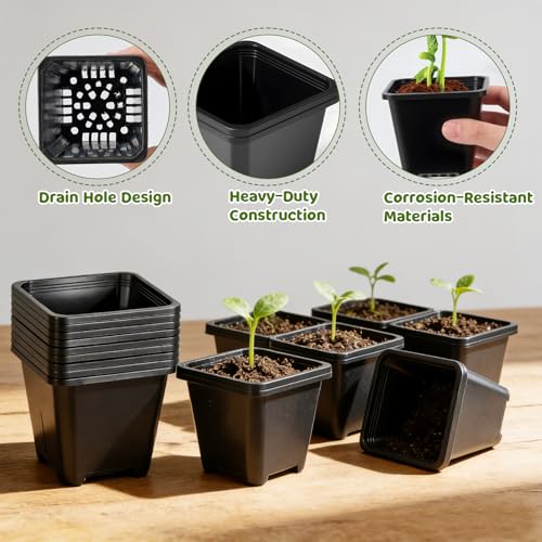 3.5in 50Pcs Black Square Nursery Pots with 5Pcs Plastic Seed Starting Trays - size: 3.5in-50pcs