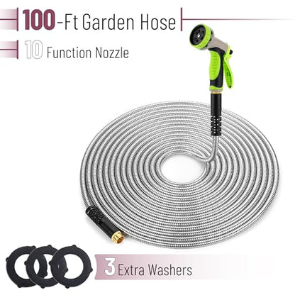 UNCO- Metal Garden Hose with 10 Functions Spray Nozzle, 100 Feet, No Kink