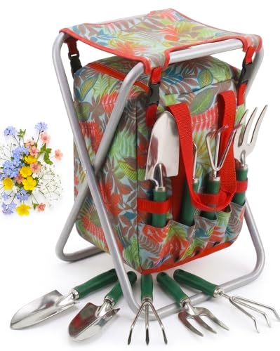 7-piece Garden Tool Set with Tote and Folding Stool Seat