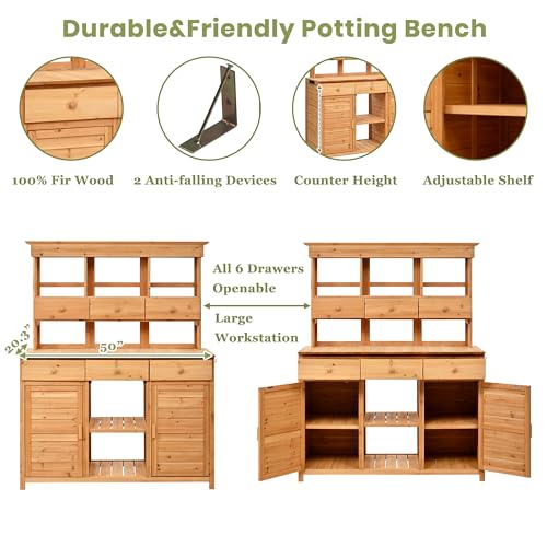 Merax 65.7" Tall Garden Potting Bench with Hutch, 3 Shelves, 6 Drawers, 2 Cabinets & Hooks - color: Natural