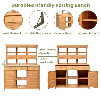 Merax 65.7" Tall Garden Potting Bench with Hutch, 3 Shelves, 6 Drawers, 2 Cabinets & Hooks - color: Natural