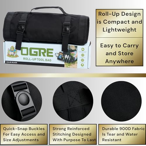 OGRE Roll-Up Garden Tool Bag Only, Heavy-Duty Organizer with 6 Pockets - color: Black