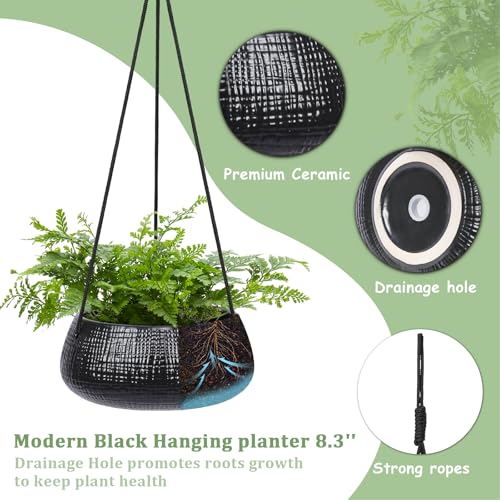 8 Inch Hanging Planter for Indoor Plant, Ceramic Black Flower Pot - color: Black