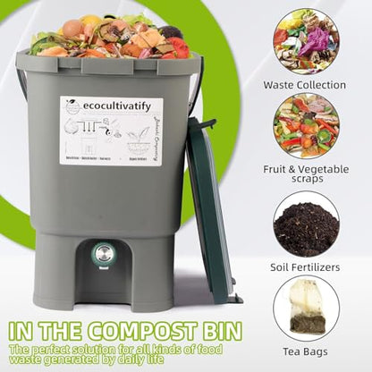 20L Bokashi Compost Bin, 5.28 Gallon Compost Bin for Kitchen Composter with Lid, Bokashi Start Kit with Bran (Tan & Dark Green) (18.8L/5 Gal Grey) - color: 18.8L/5 Gal Grey