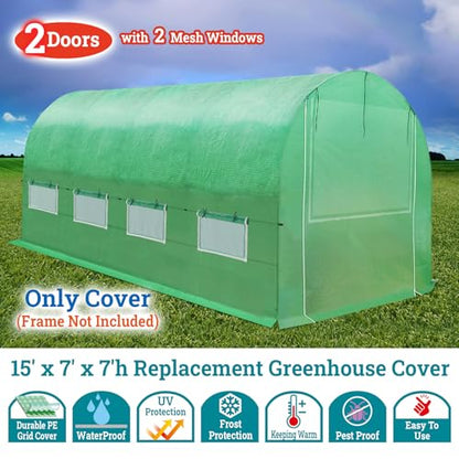 BenefitUSA Greenhouse Replacement PE Cover ONLY for Walk-in Greenhouse 2 Zipper Doors Air Ventilation, Frame NOT Included (15'x7'x7', Green) - size: 15'x7'x7', Green