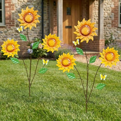 2-Pack Metal Flowers for Outside, 30-Inch Sunflower Yard Stakes - color: Yellow, Brown