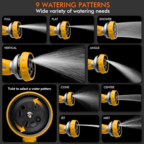 RESTMO Hose Nozzle Heavy Duty, Metal Water Hose Sprayer for Garden - color: Yellow, size: 9 Watering Patterns