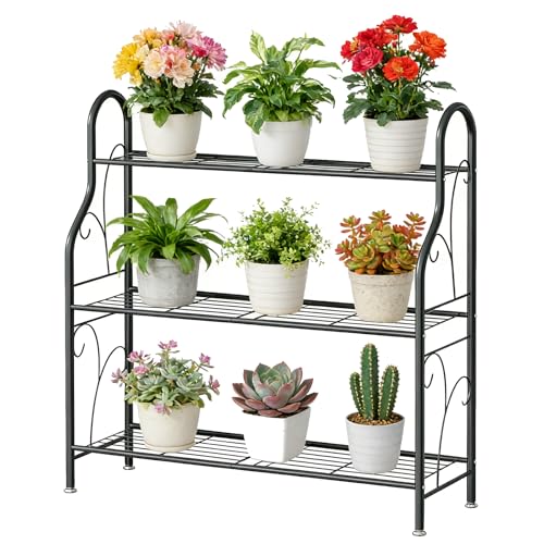 SORCEDAS Plant Stand Indoor Outdoor 3 Tier Metal Corner Flower Shelf - size: 3 Tier-Dark Grey