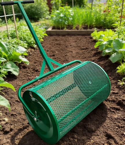 24 Inch Lawn Compost Spreader Roller with 2.66 Cu.Ft Steel Mesh Drum