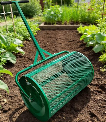 24 Inch Lawn Compost Spreader Roller with 2.66 Cu.Ft Steel Mesh Drum