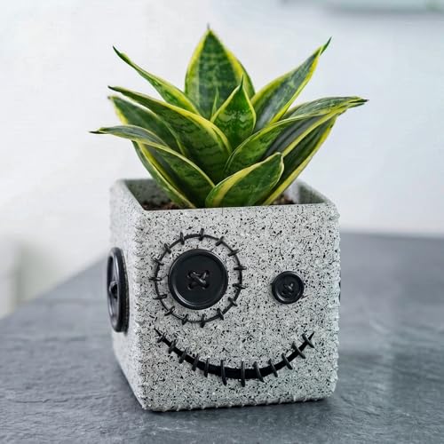 Halloween Button Face Monster Planter, Resin Pot with Drainage - color: Gray-a