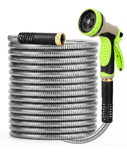 UNCO- Metal Garden Hose, 25 ft, Stainless Steel, Heavy Duty Flexible Hose with 10-Function Spray Nozzle & 3 Extra Washers, No-Kink, Lightweight, Puncture Proof for Outdoor Yard, Lawn, Plants, Car Wash