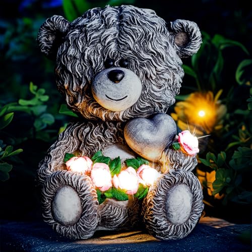 YDKOJGW Solar Garden Outdoor Statues Bear with Heart and Pink Flower and 5 LED Lights-Lawn Decor Bear Statue for Patio, Balcony, Yard Ornament-Unique Housewarming Gifts for Mom, Women - color: Grey 01 Bear