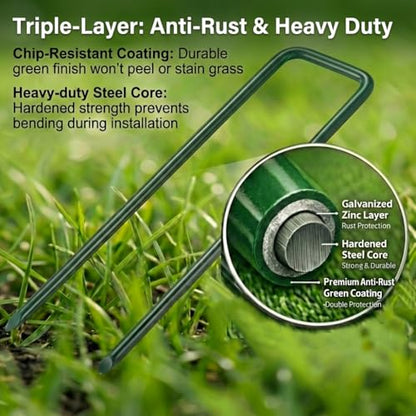 50pcs Green Landscape Staples Heavy Duty 6 Inch 11 Gauge, Lawn Stakes Pins with Coating, Rust Resistant, Blends into Grass for Artificial Turf, Weed Barrier, Pet Fence, Outdoor Decor