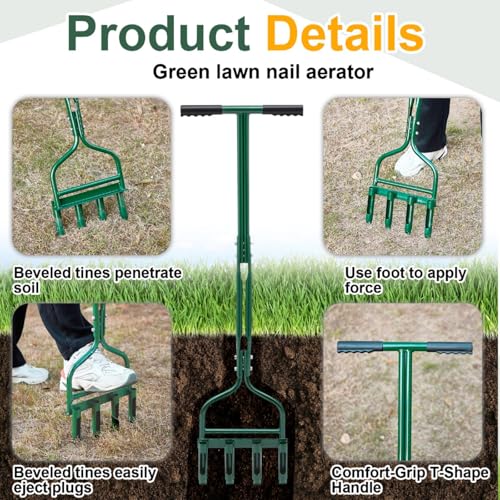 Lasnten 42 Inch Lawn Aerator, 4 Hollow Tines Manual Core Plug for Yard