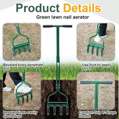Lasnten 42 Inch Lawn Aerator, 4 Hollow Tines Manual Core Plug for Yard