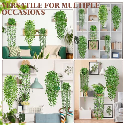 4 Pack UV Resistant Artificial Hanging Plants Faux Greenery with Pots