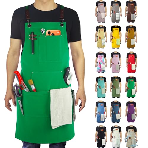 Kitchen Apron, Work Apron, Canvas Apron, Green - color: Green
