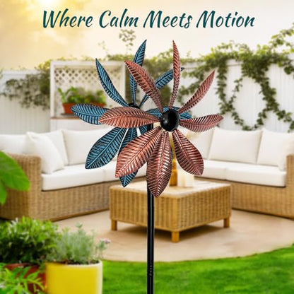 Copper & Blue Leaf 360° Metal Wind Spinners Outdoor, 57" H - color: Copper Leaf