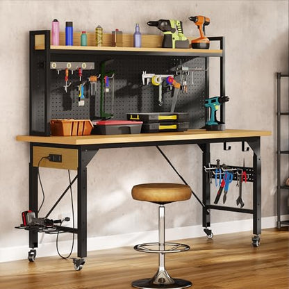 YITAHOME 48in Adjustable Workbench with Pegboard & Wheels & Outlets - size: 48" Workbench w/Pegboard