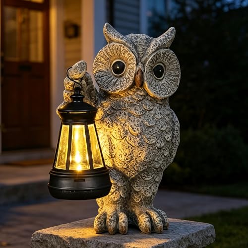 Solar Owl Garden Statue with LED Lantern, Waterproof Outdoor Resin Figurine (Grey Owl) - color: Owl1
