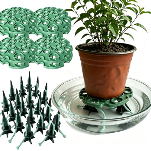 Self Watering Spikes with Support Tray for Indoor Plants, Automatic Watering Stakes with Slow Release Control, Drip Irrigation System for Vacation and Potted Plants (24, Black, 8 Tray)