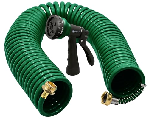 AUTOMAN Coil Garden Hose 50 ft, EVA Curly Water Hose with Brass Connectors, Recoil Garden Water Hose,Includes 7-Pattern Function Sprayer,Retractable,Corrosion Resistant Garden Coil Hose. - color: Dark Green, size: 50ft