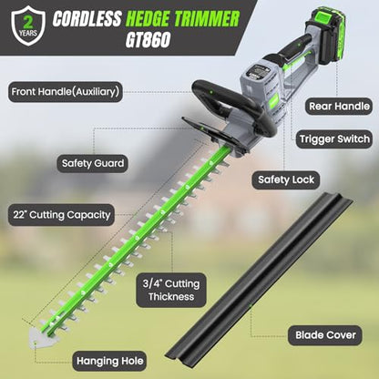 Hedge Trimmer Cordless 22" - 2 x 21V Batteries & Fast Charger, Easy to Use - color: Green