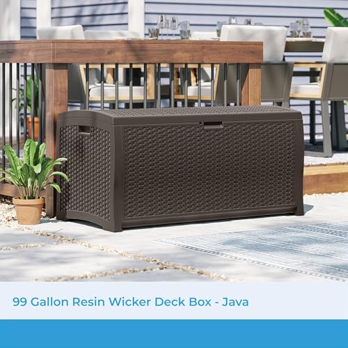 Suncast 99 Gal Wicker Resin Deck Box, Storage Chest Bin with Handles, Java - color: Mocha, style: Deck Box