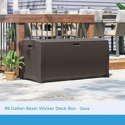 Suncast 99 Gal Wicker Resin Deck Box, Storage Chest Bin with Handles, Java - color: Mocha, style: Deck Box