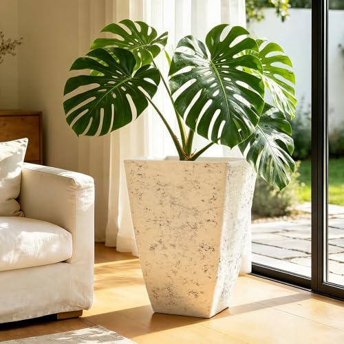 2-Pack 19" Country White Resin Square Planters with Drainage Hole - color: 19"h-ivory Rustic Stone