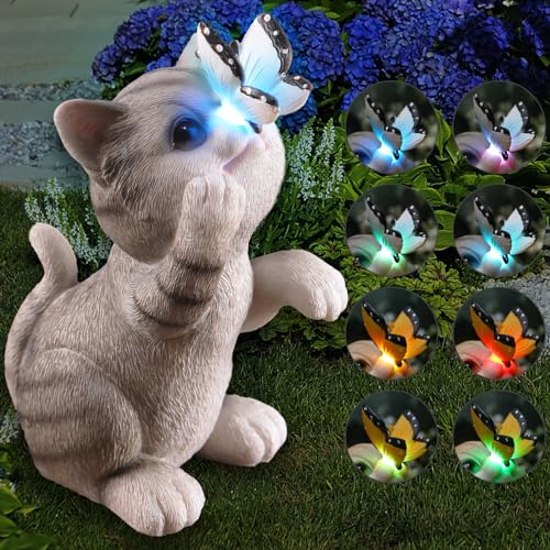 Cat Garden Statue Outdoor Solar Decorations Butterfly Light Figurine Color Changing LED Lights Resin Sculpture Art Decor Patio Lawn Yard Housewarming Gifts for Women Grandma Mom - color: Grey Cat