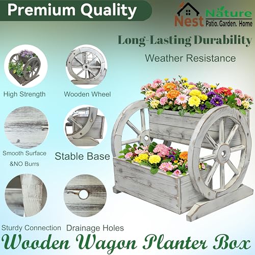NestNature Wooden Wagon Planter Box|Raised Garden Bed W/Wheels for Plants - color: Antique White, size: Classic-2Tier