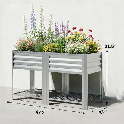 Outsunny Galvanized Steel Raised Garden Bed with Storage Shelf, Silver - color: Silver