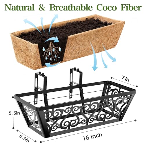 2 Pack 16 Inch Deck Railing Planter Box - Window Boxes Planters with Adjustable Brackets Coco Liners Balcony Planters Railing Hanging for Wind - size: 16 Inch