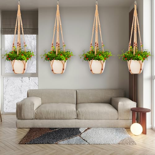 4 Pack Macrame Plant Hangers Indoor Set Large Crochet Hanging Holder, Brown - color: Brown