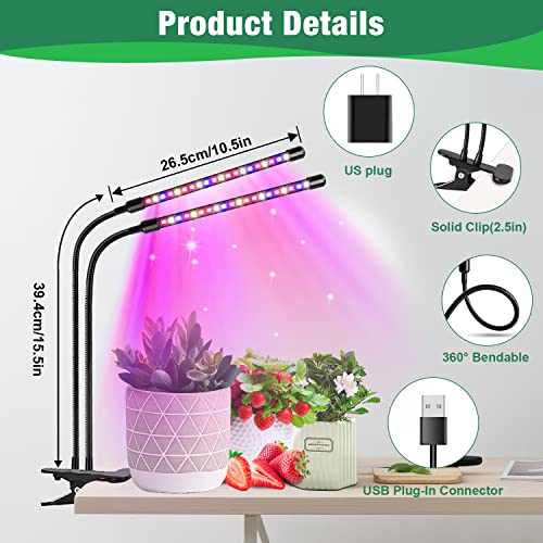Garpsen Grow Lights for Indoor Plants, 2 Heads Clip On Plant Light, 40 LEDs - size: (1 Pack)2 Arms