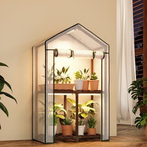 Bamworld Small Greenhouse for Indoors with Grow Lights Greenhouses for Seed Starting Small Portable Green Houses Waterproof PVC Cover & Adjustable Shelves - size: Mini