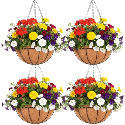 EIMQUVW Outdoor Metal Hanging Planters Basket (4pack, 10 inch) Hanging Baskets for Plants Chain Round Wire Plant Holder with Coco Fiber Liners for Garden, Patio, Deck, Porch - size: 10 Inch